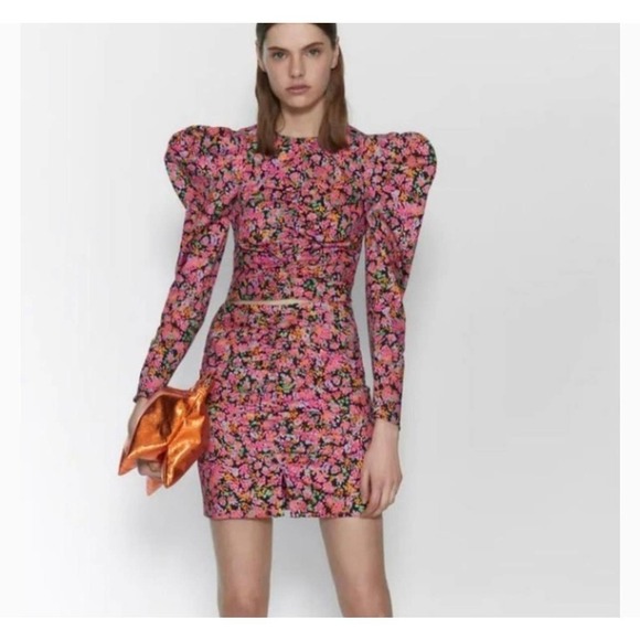 Zara Women's Pink Floral Poplin Blouse Skirt Set Size Small - Picture 1 of 9